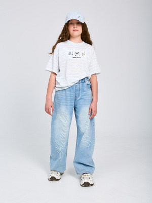 K9163 Брюки, джинс, лето, 120-170, для девочки, "MIX"  (Синий, 120)