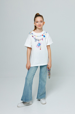 C6501 Брюки-клеш, джинс, лето, 120-160, для девочки, "MIX"  (Синий, 120)