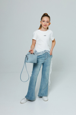 C6502 Брюки-клеш, джинс, лето, 120-160, для девочки, "MIX"  (Синий, 120)