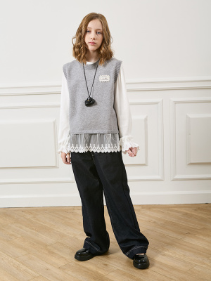 6071 Костюм (жилет+брюки+лонгслив), ткань, 130-170, для девочки, дл рукав, "MIX"  (Серый, 130)