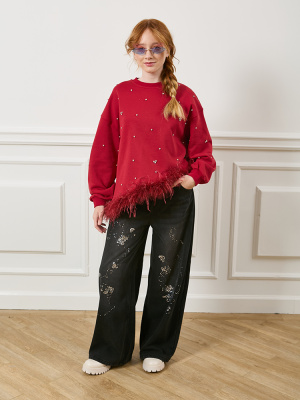 S55 Джемпер НГ, трикотаж, 120-170, для девочки, дл рукав, "MIX"  (Красный, 120)