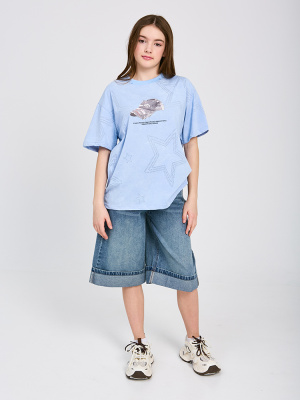 XS300 Футболка, трикотаж, лето, 120-170, для девочки, "MIX"  (Синий, 120)