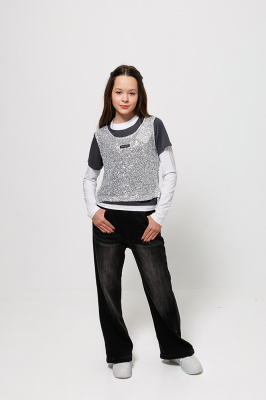 133092 Жилет+лонгслив НГ, трикотаж, 120-170, для девочки, "MIX"  (Серый, 120)