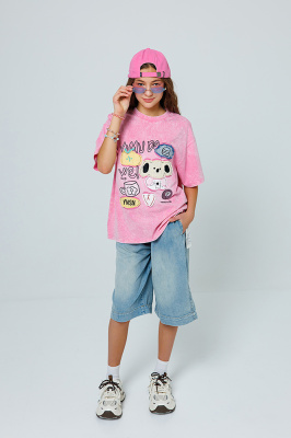 XS65 Футболка "варенка", трикотаж, лето, 110-160, для девочки, кор рукав, "MIX"  (Розовый, 110)