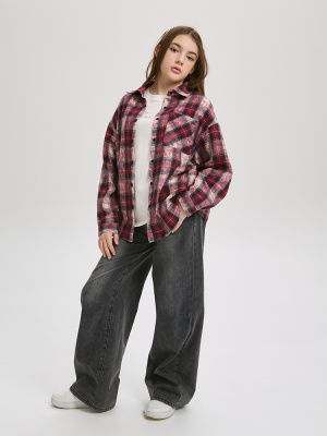 22816F Рубашка, ткань, 134-164, для девочки, длинный рукав, "Deloras"  (Бордовый, 134)